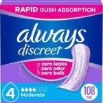 Always Discreet Adult Incontinence Pads for Women, Moderate Absorbency, Regular Length, Postpartum Pads, 108 Count (2 Packs of 54)